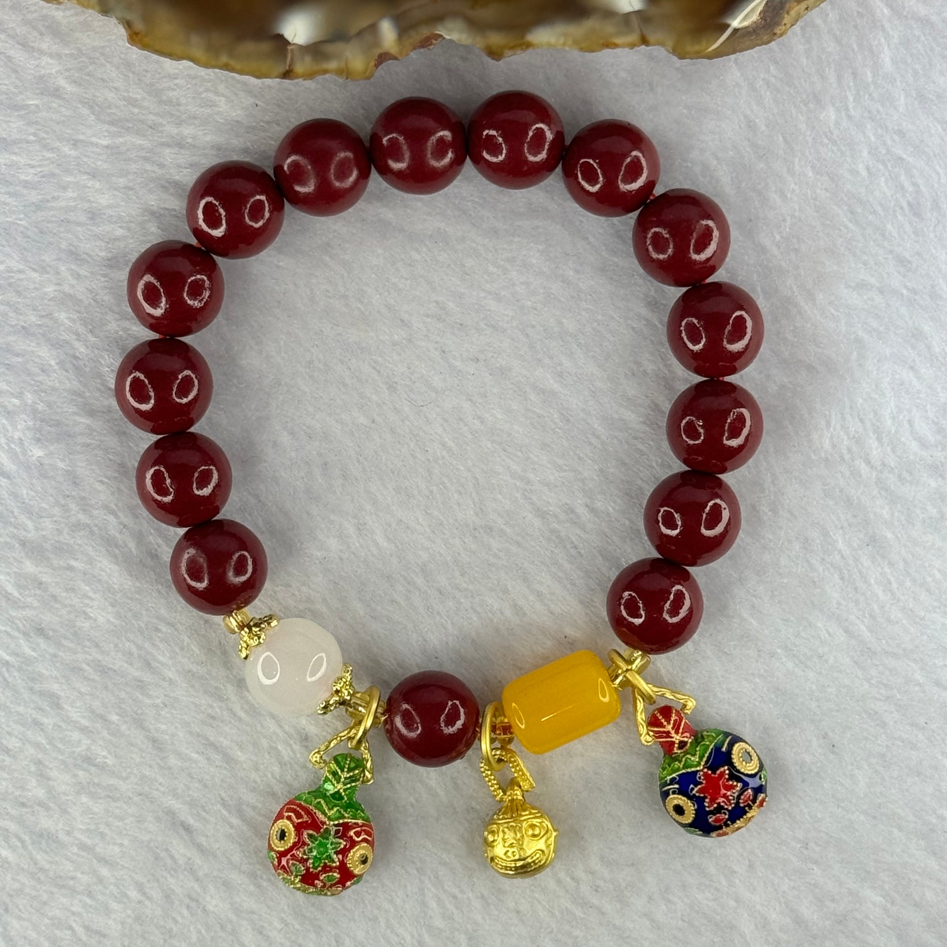 Natural Cinnabar Beads with Charms Bracelet 红朱砂手链 36.26g 16cm 10.2mm 15 Beads 11.7 by 8.3mm 1 LuluTong - Huangs Jadeite and Jewelry Pte Ltd