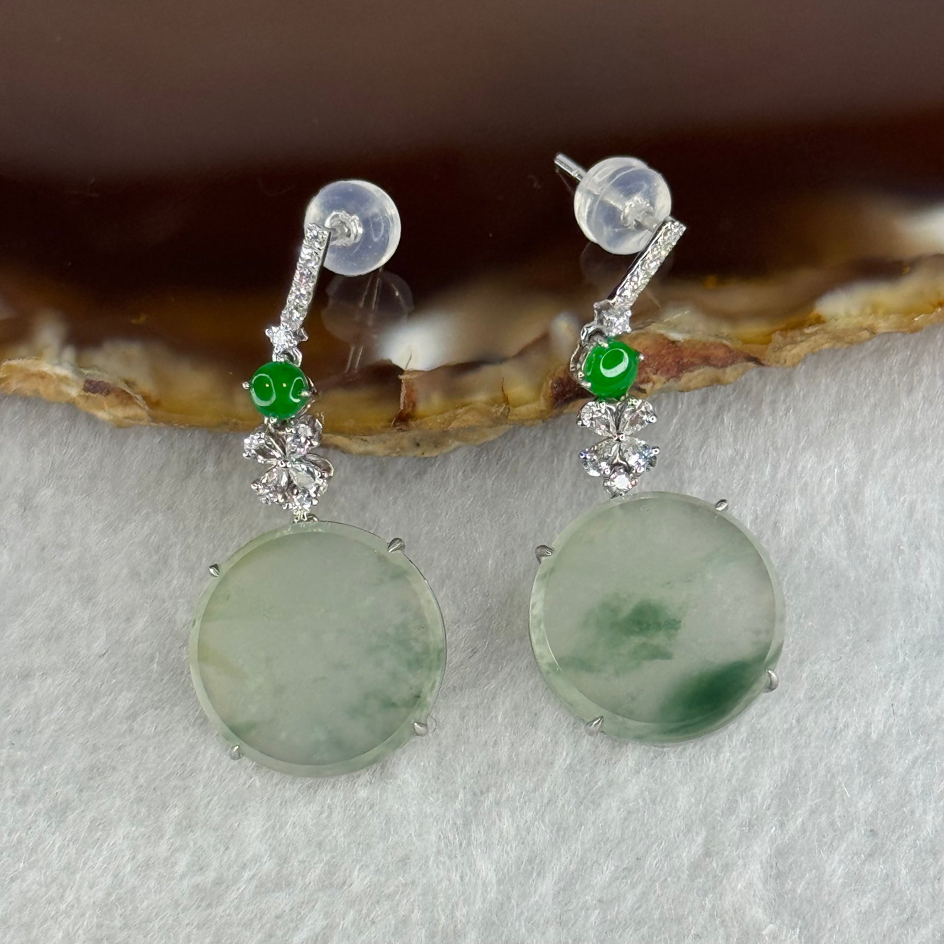 Type A Icy Faint Green with Blueish Green Piao Hua Jade Jadeite Earrings 18k White gold, diamonds and white sapphires 5.08g 33.6 by 14.8 by 5.2mm - Huangs Jadeite and Jewelry Pte Ltd