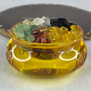 Yellow Liuli Wealth Pot with Five Element Crystal Fragment (Clear Quartz, Black Obsidian, Red Jasper, Citrine, Serpentine) Display Total Weight 336.49g 79.8 by 40.8mm - Huangs Jadeite and Jewelry Pte Ltd