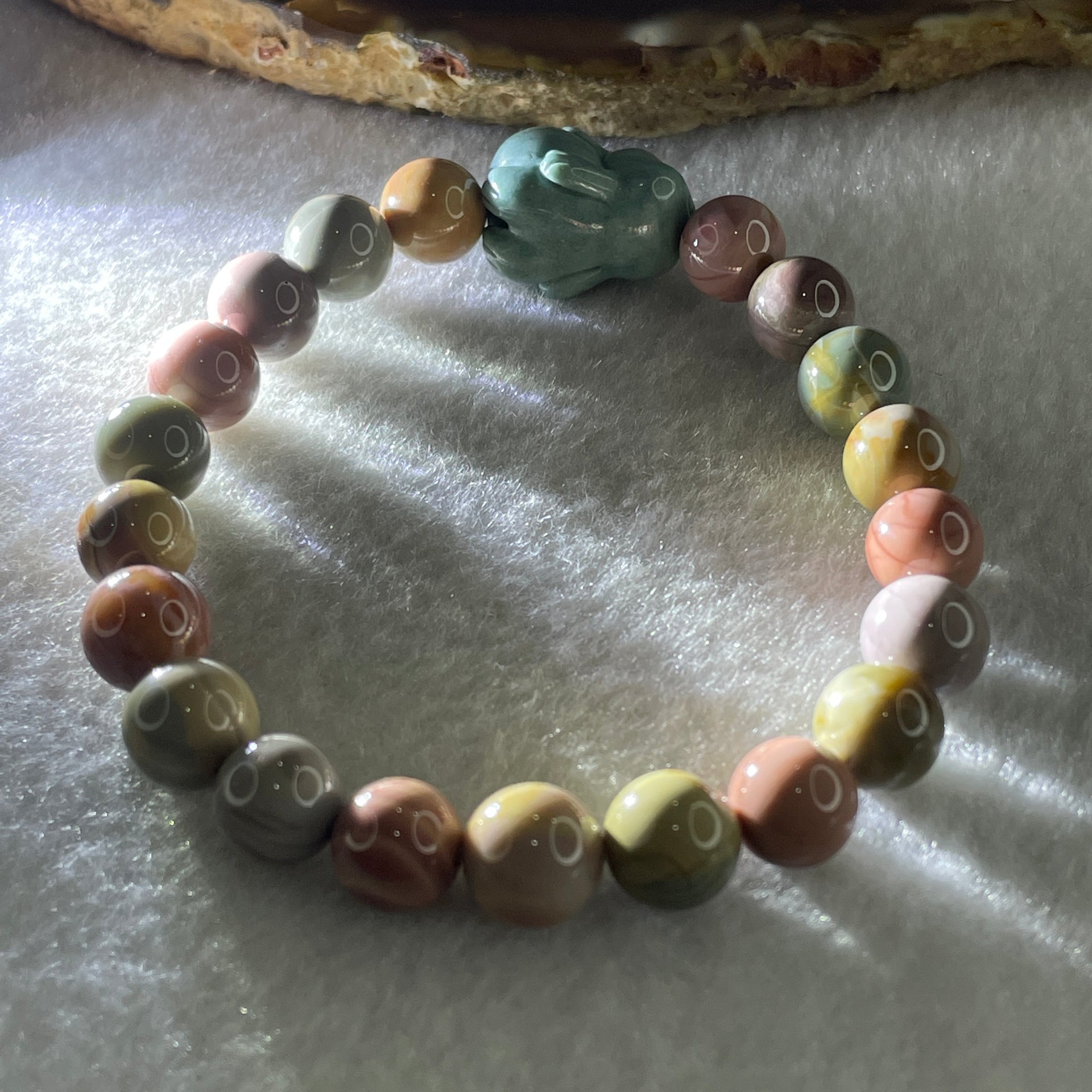 Natural Alashan Agate Pastels Pink Beads with Rabbit Charm Bracelet 21.69g 15.5cm 8.8mm 20Beads - Huangs Jadeite and Jewelry Pte Ltd