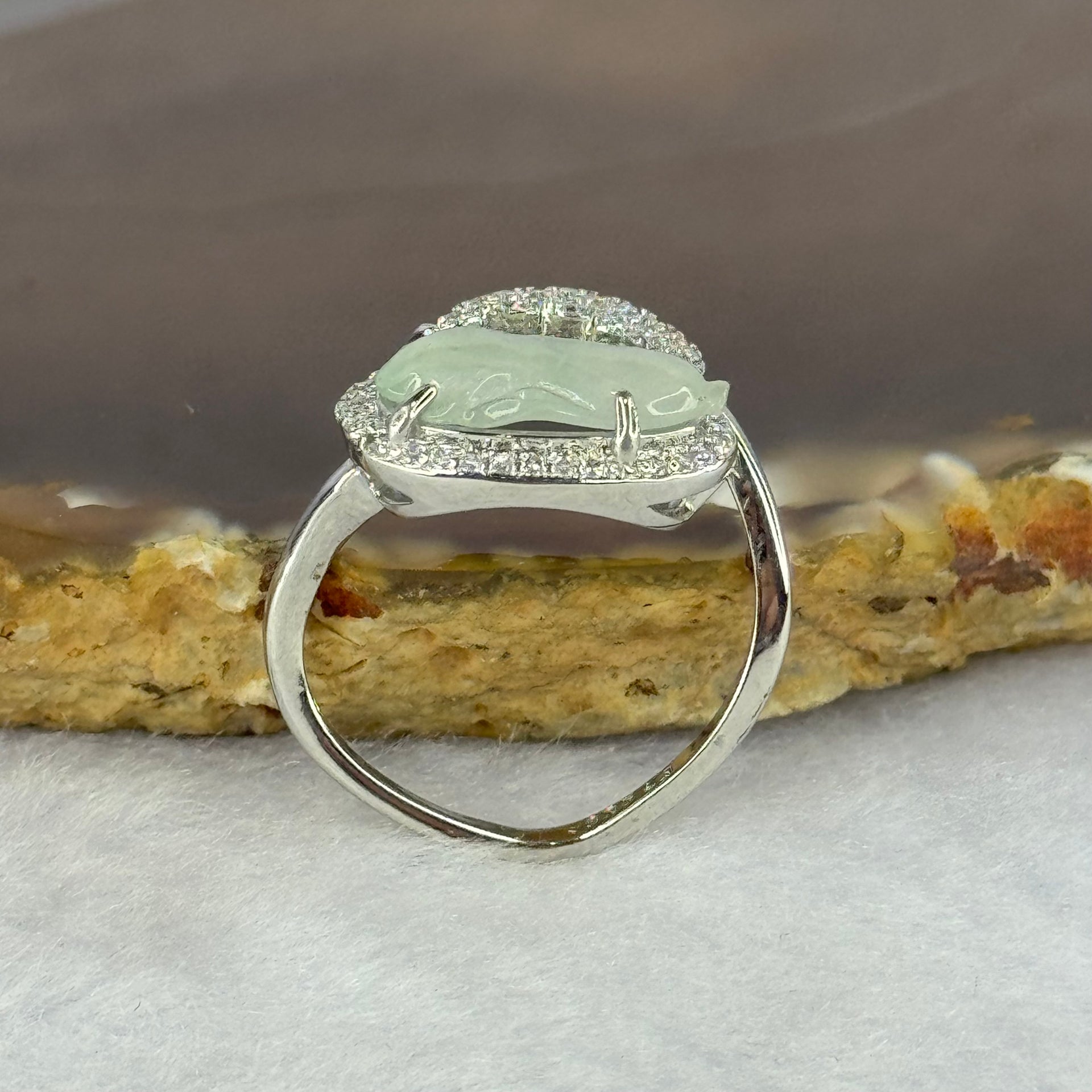 Type A Icy Light Green Jadeite Cabbage with Crystals in S925 Sliver Ring (Adjustable Size) 2.27g 12.7 by 6.8 by 2.5mm - Huangs Jadeite and Jewelry Pte Ltd