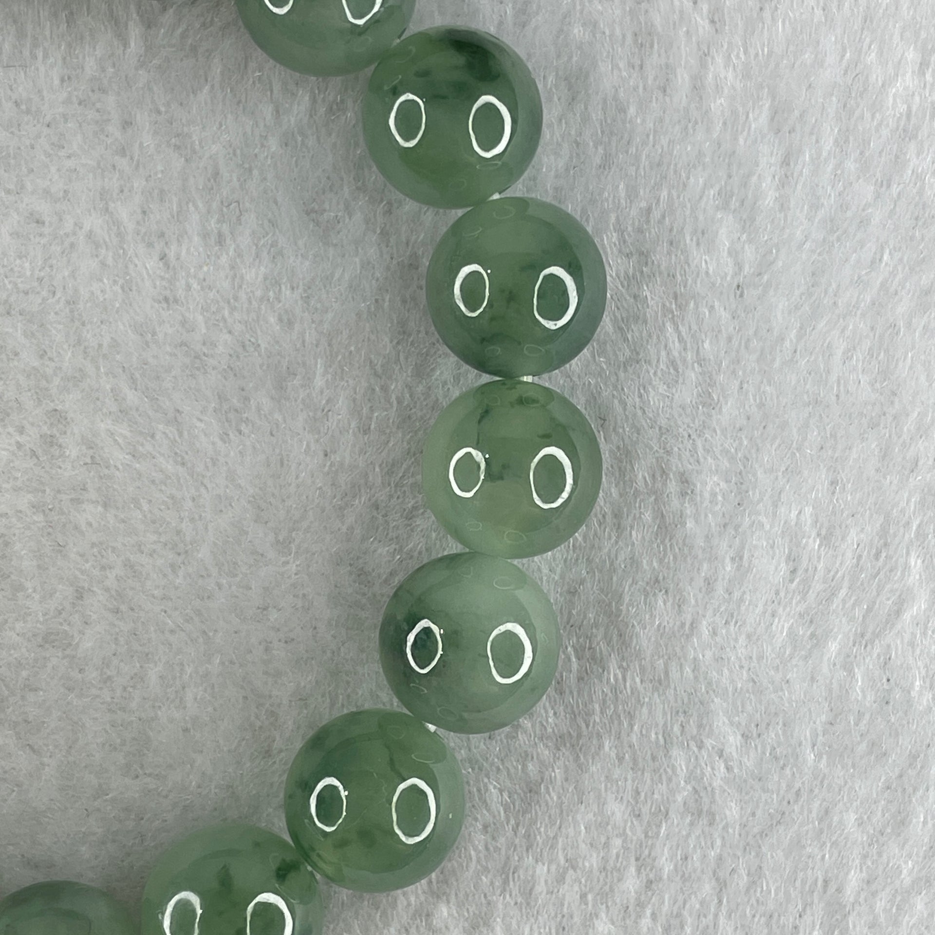 Tye A Natural Jelly Semi Icy Green with Dark Green Piao Hua Jadeite Beads Bracelet 28.75g 14.5cm 9.6mm 19 Beads - Huangs Jadeite and Jewelry Pte Ltd
