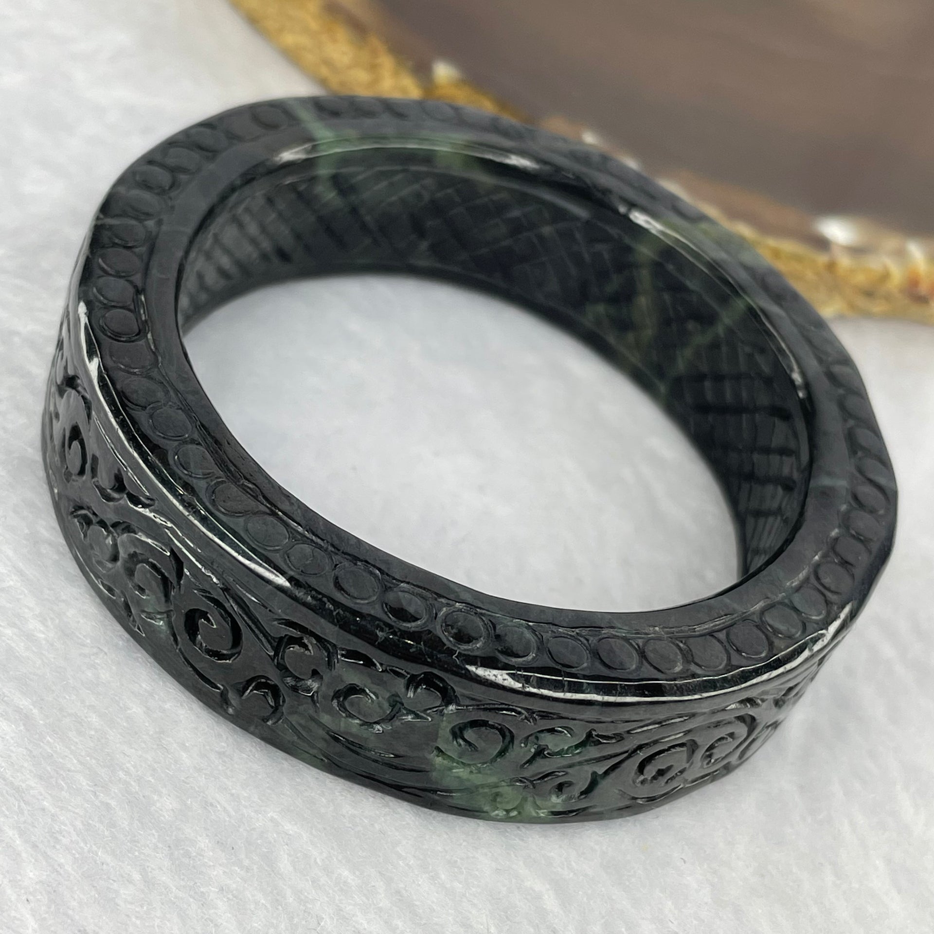 Type A Black to Dark Grey with Dark Green Piao Hua Jadeite Bangle 81.72g 17.1 by 8.2 mm Internal Diameter 53.6 mm (Slight External Rough) - Huangs Jadeite and Jewelry Pte Ltd