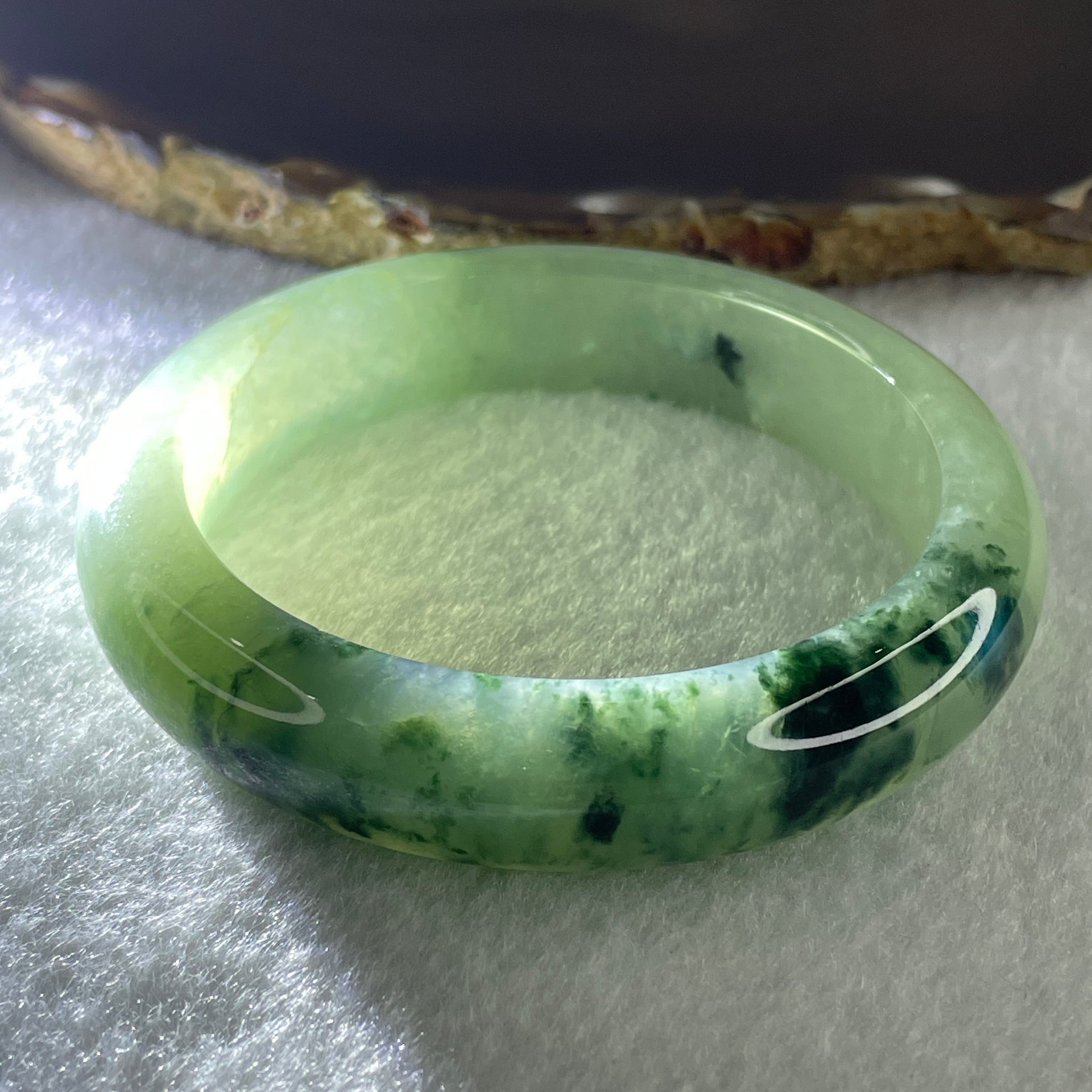 Certified Type A Natural Semi Icy Light Green with Dark Green Fluorite Piao Hua Jadeite Bangle 66.27g Inner Diameter 57.6mm 13.8 by 9.2mm (Very Very Slight Internal Line) - Huangs Jadeite and Jewelry Pte Ltd
