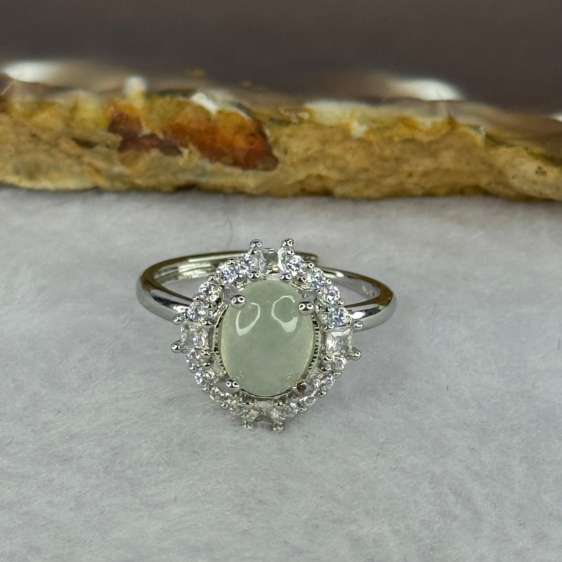 Type A Semi Icy Light Green Jadeite with Crystals in S925 Sliver Ring (Adjustable Size) 2.68g 8.7 by 6.7 by 3.5mm - Huangs Jadeite and Jewelry Pte Ltd