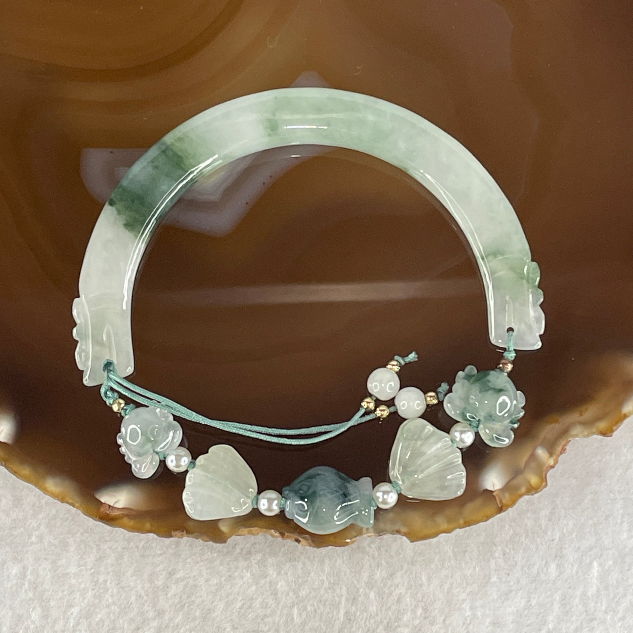 Natural Type A Light Green with Dark Green Piao Hua Jadeite Double Dragon Head with Fish and Carb Charm Bracelet 22.13g 17cm 6.7 by 9.6mm
