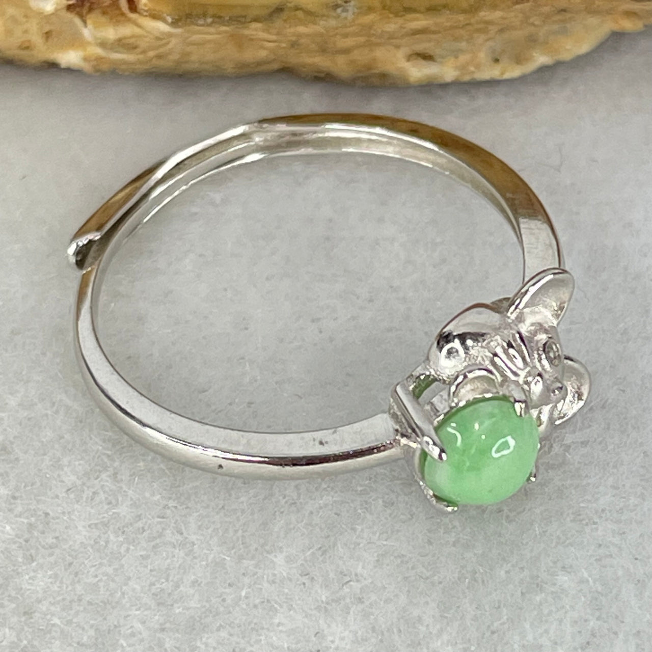 Type A Apple Green Cabochon Jadeite in S925 Sliver Rat Ring (Adjustable Size) 1.50g 4.3 by 3.0mm - Huangs Jadeite and Jewelry Pte Ltd