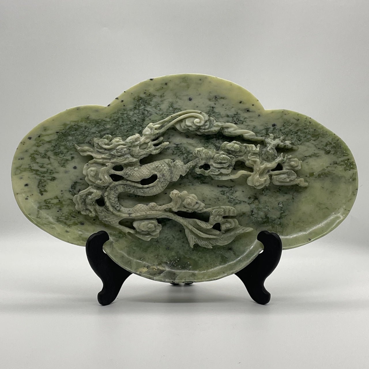 Natural Green with Dark Green and Black Piao Hua Serpentine Dragon Plate with Wooden Stand Display 2,743.8g 395.0 by 100.0 by 265.0mm
