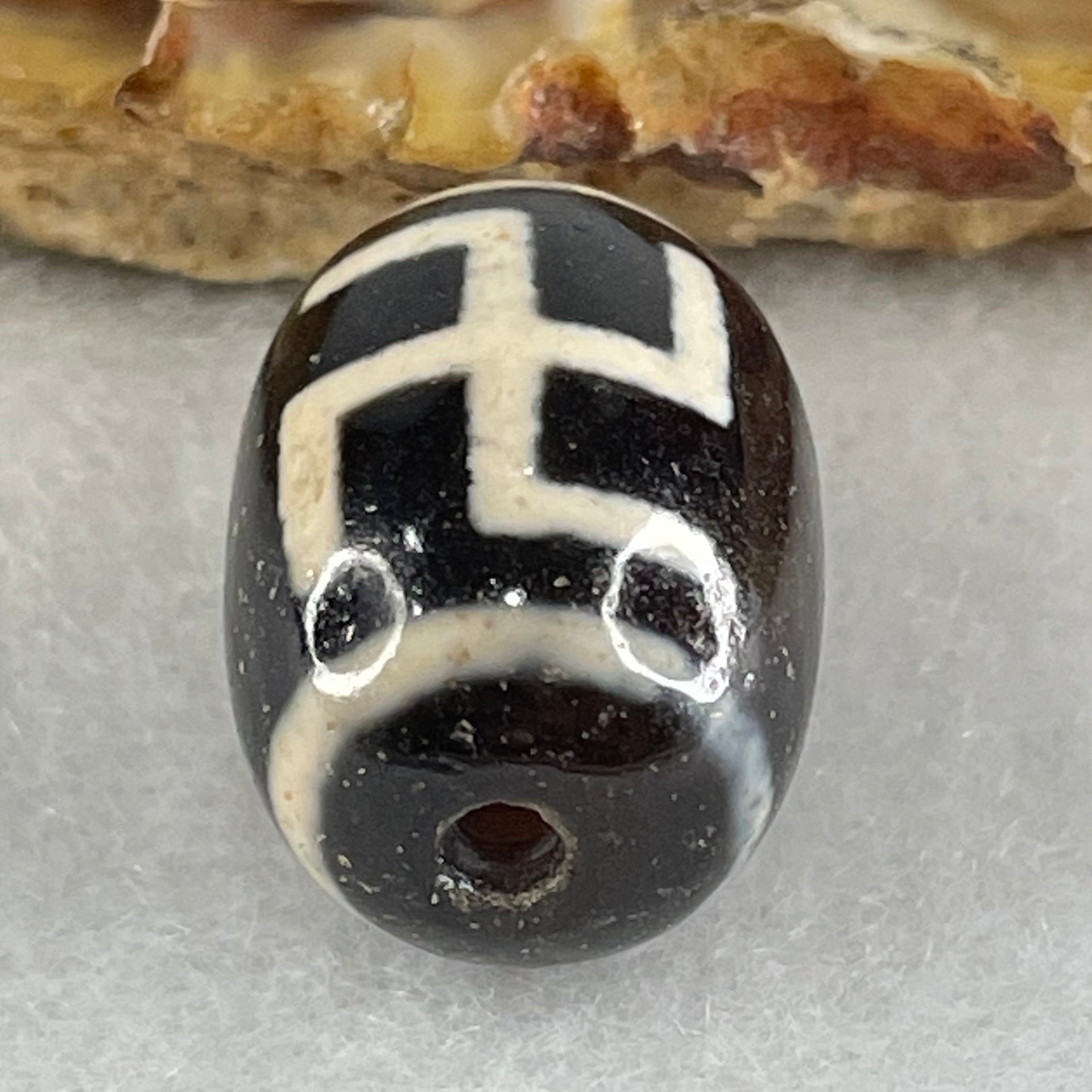 Natural Powerful Tibetan Old Oily Agate 1 Eye With Swastika Dzi Bead (Hotu Dzi) 4.90g 17.5 by 13.6mm - Huangs Jadeite and Jewelry Pte Ltd