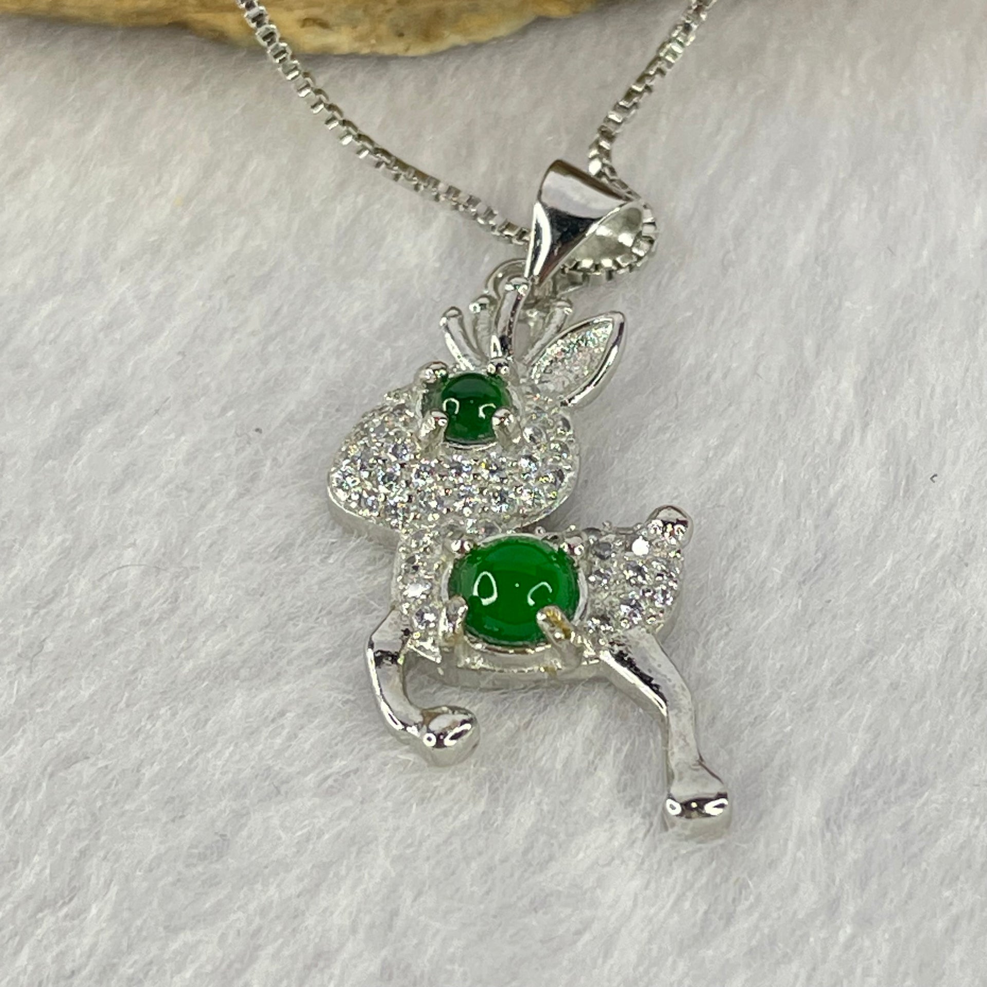 Type A Icy Green Omphasite Jadeite Cabochons in Sliver Deer Pendent Necklace 4.22g Middle Jadeite 4.3 by 1.5mm - Huangs Jadeite and Jewelry Pte Ltd