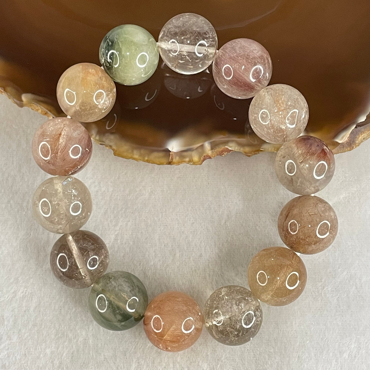 Average Grade Natural Copper with Green Rutilated Quartz Beads Bracelet 70.65g 16cm 15.4mm 14 Beads - Huangs Jadeite and Jewelry Pte Ltd