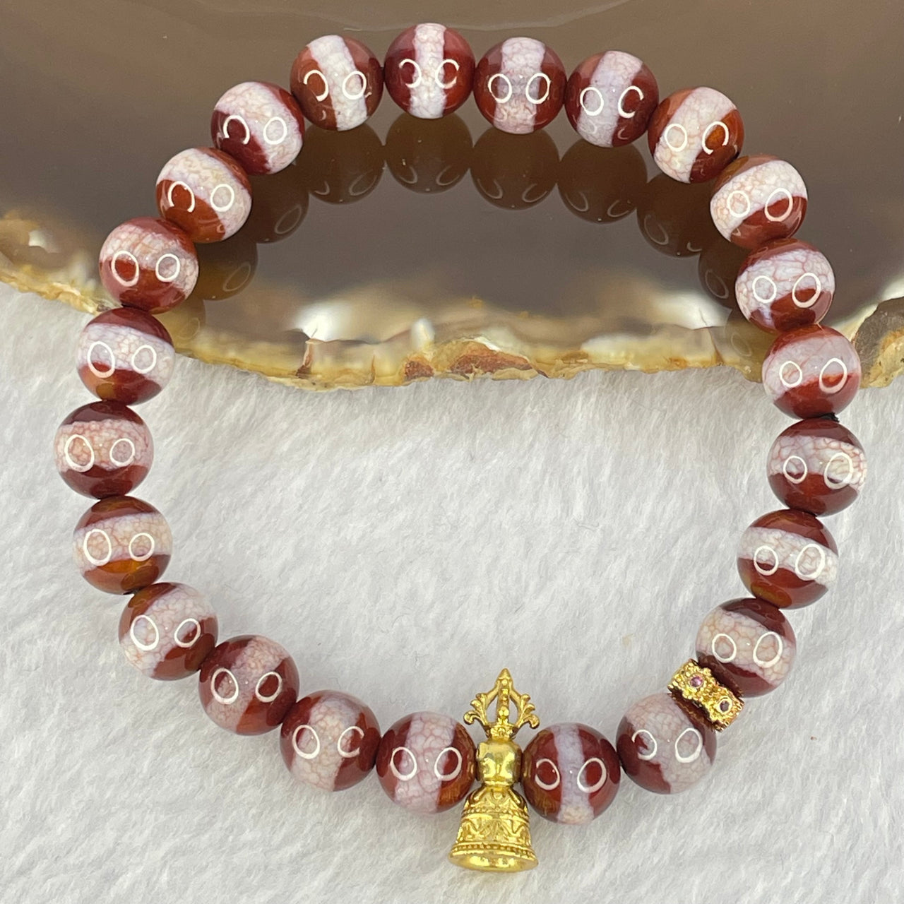 Natural Powerful Tibetan Old Oily Red White One Line Agate Dzi Bead Heavenly Master with Tibetan Bell Charm Bracelet (Tian Zhu) 天诛 19.36g 16.5cm 8.4mm 23 Beads - Huangs Jadeite and Jewelry Pte Ltd