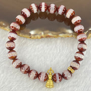 Natural Powerful Tibetan Old Oily Red White One Line Agate Dzi Bead Heavenly Master with Tibetan Bell Charm Bracelet (Tian Zhu) 天诛 19.36g 16.5cm 8.4mm 23 Beads - Huangs Jadeite and Jewelry Pte Ltd