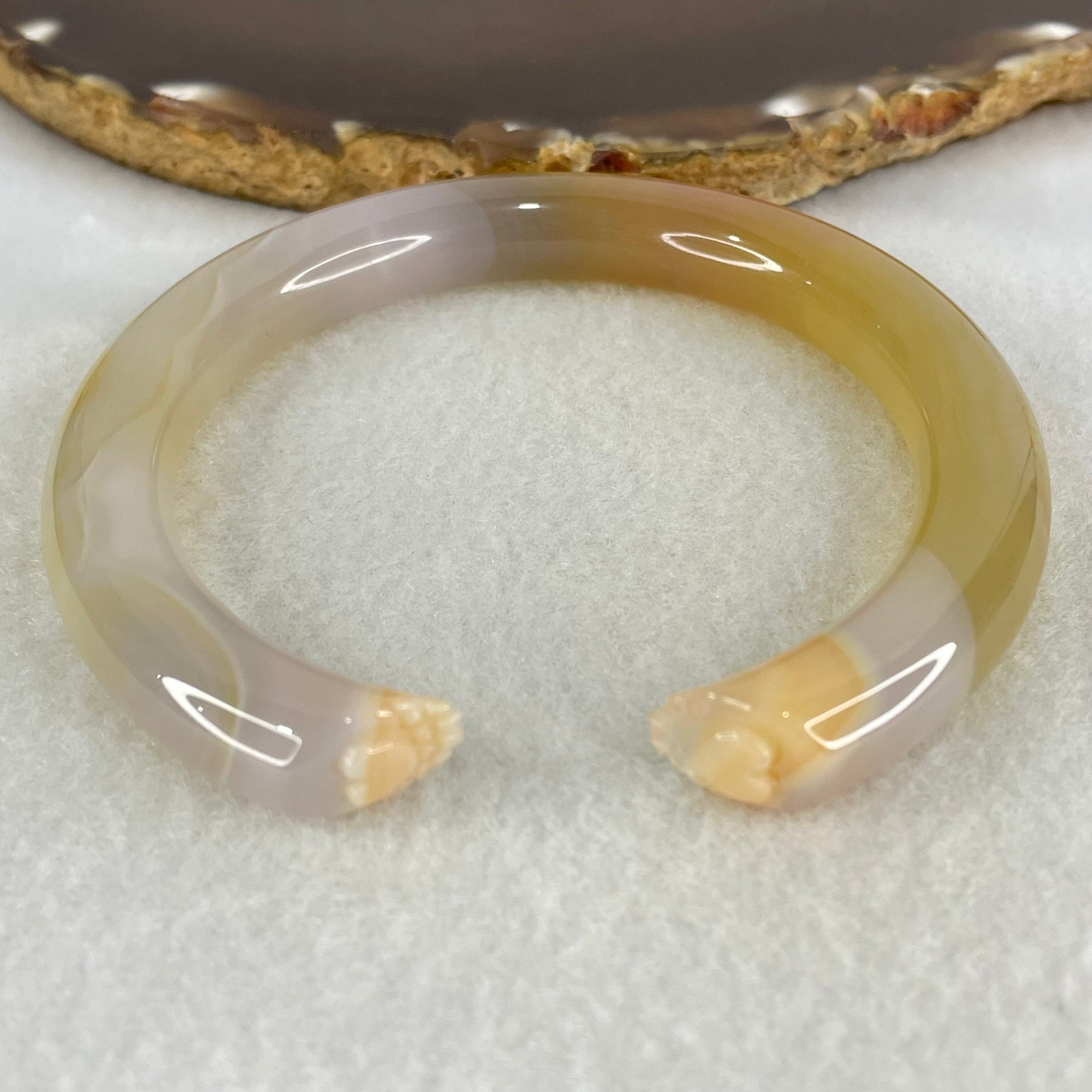 Natural Yellowish Pink Agate Heart Shape And Hands Bangle Internal Dimeter 58.6mm 39.03g 9.9 by 9.9mm - Huangs Jadeite and Jewelry Pte Ltd