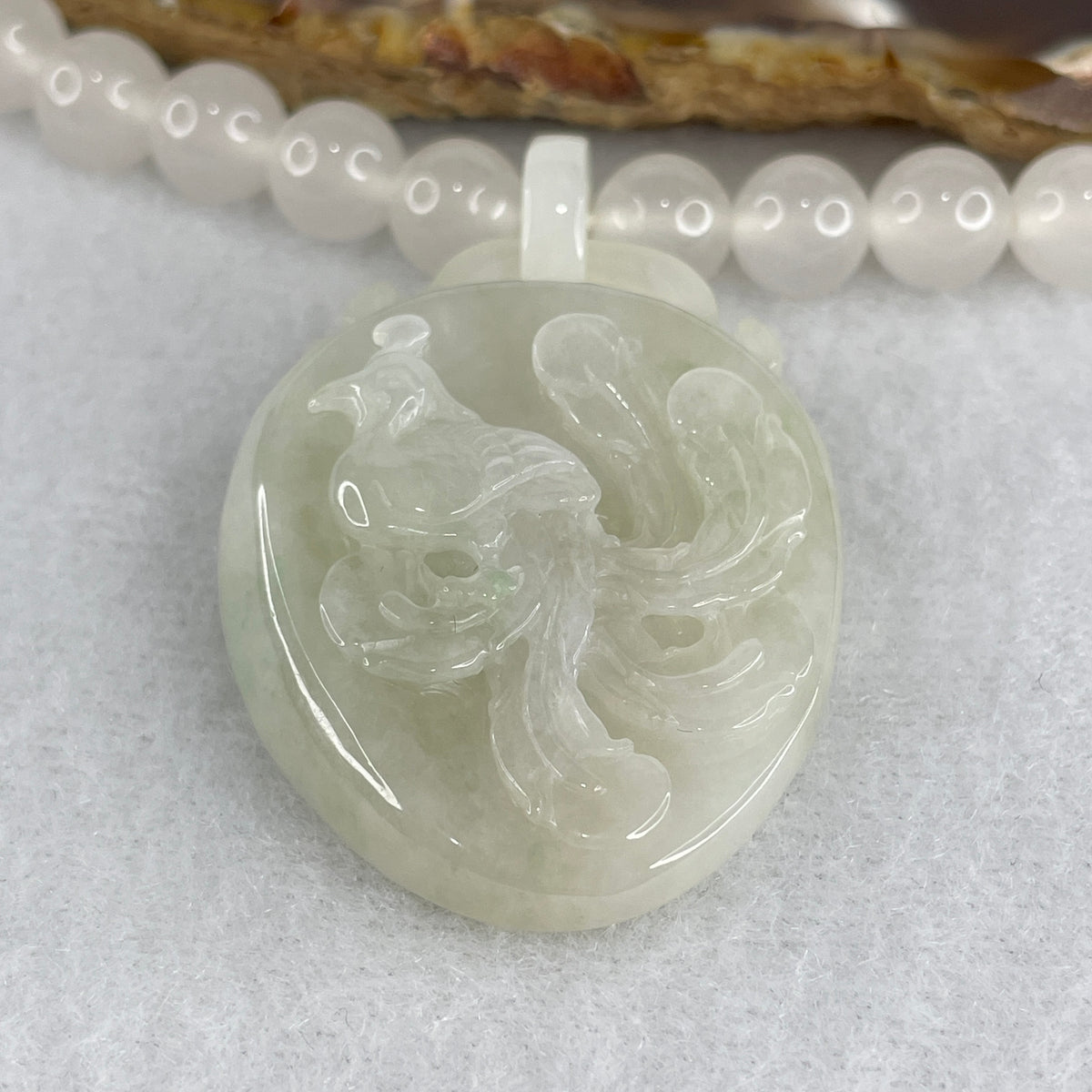 Natural Type A Faint Green Jadeite Phoenix Pendant with White Agate Beads Necklace | Certified Untreated Fei Cui Gemstone Set (71.78g | 46cm | 43.0mm x 32.4mm x 12.8mm)
