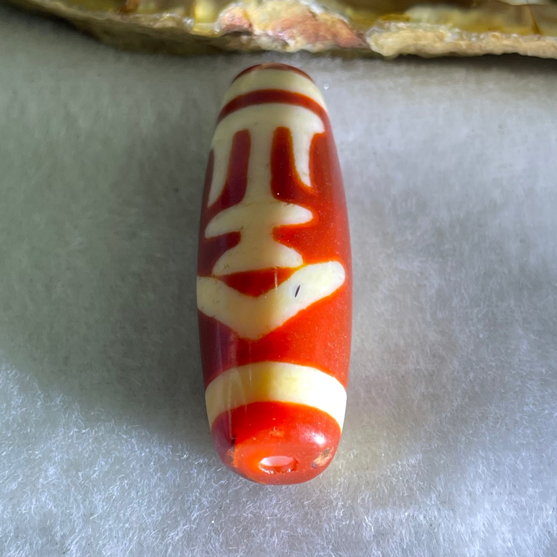 Natural Powerful Tibetan Old Oily Red White Agate One Eye Gold Metal Element Dzi Bead Heavenly Master (Tian Zhu) 一眼金天珠 9.24g 37.8 by 12.6mm - Huangs Jadeite and Jewelry Pte Ltd
