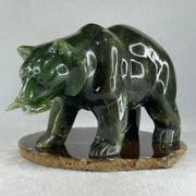 Natural Dark Green Serpentine Bear eating Fish Display 1,800.0g 180.5 by 82.0 by 107.0mm - Huangs Jadeite and Jewelry Pte Ltd