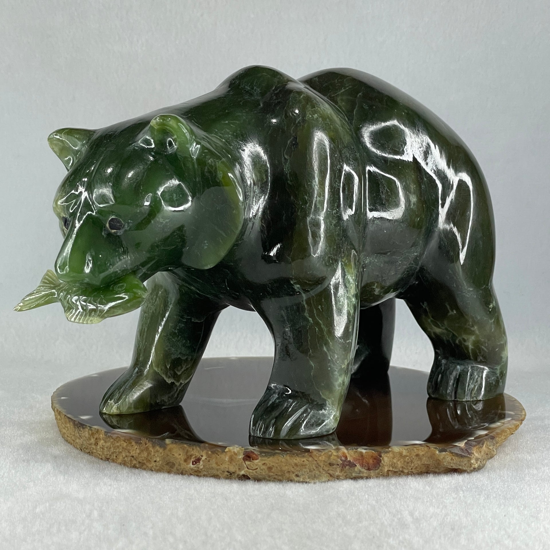 Natural Dark Green Serpentine Bear eating Fish Display 1,800.0g 180.5 by 82.0 by 107.0mm - Huangs Jadeite and Jewelry Pte Ltd