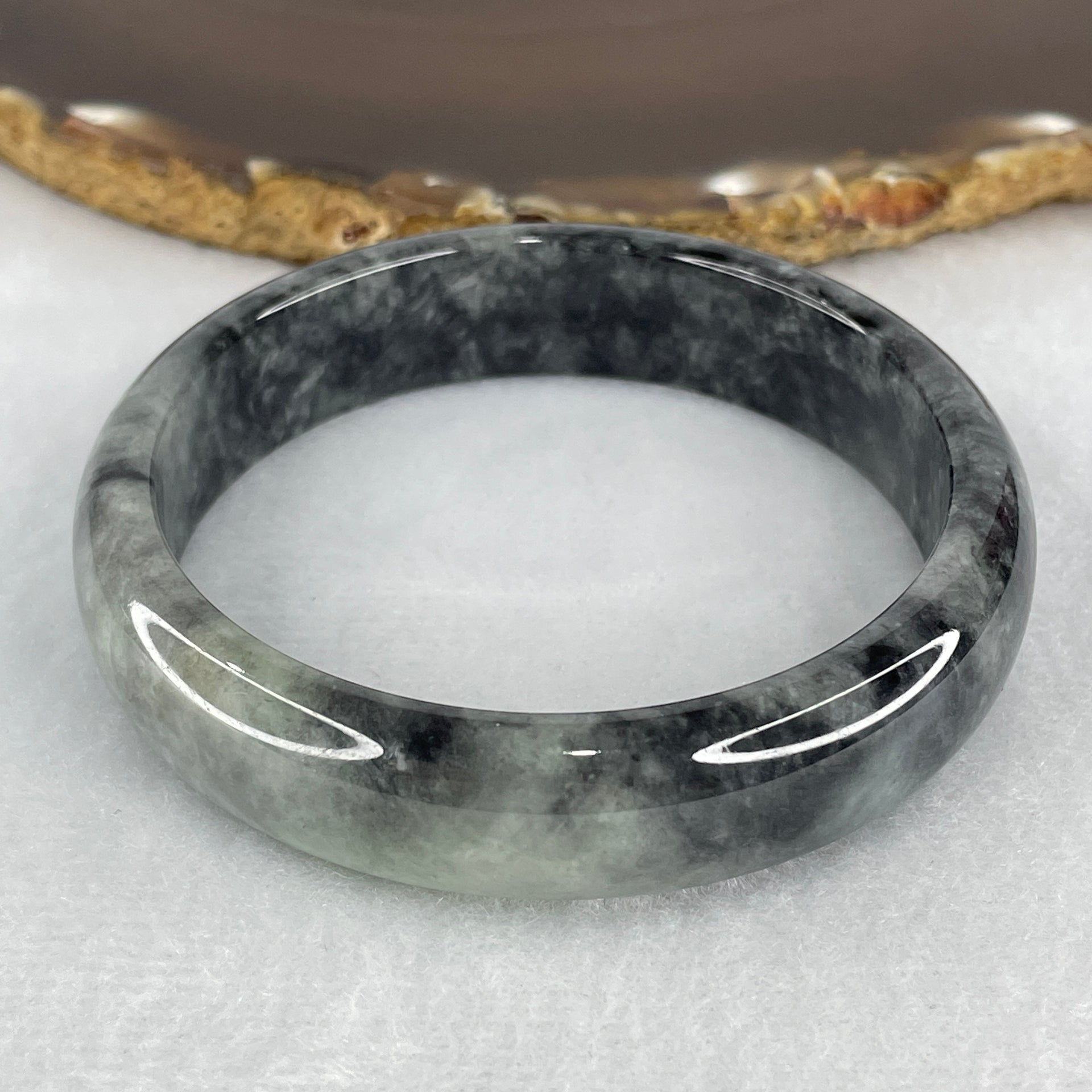 Certified Natural Type A Wuji Grey with Light Green Spot Jadeite Bangle 53.527g Internal Diameter 57.7mm 14.2 by 7.4mm (Very Slight Internal Lines) - Huangs Jadeite and Jewelry Pte Ltd