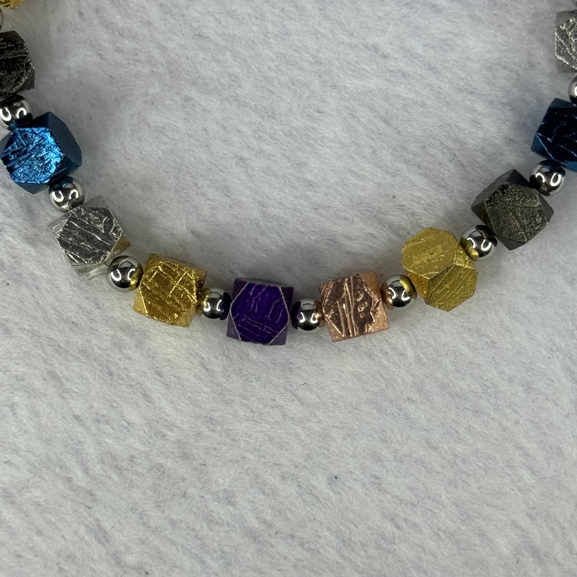 Natural Meteorite in Multi Color Blocks with Mini Stainless Steel Beads Bracelet 天然天铁手链 6.4mm 16cm 19 pcs - Huangs Jadeite and Jewelry Pte Ltd