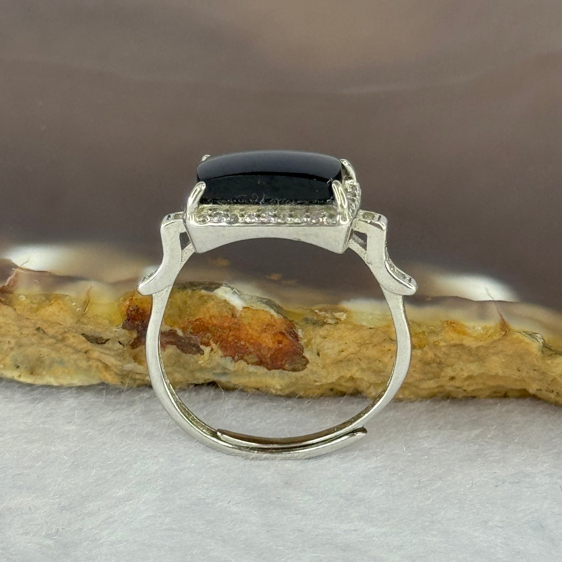 Type A Translucent Black Omphasite Jadeite with Crystals in S925 Sliver Ring (Adjustable Size) 2.00g 11.1 by 6.1 by 3.0mm - Huangs Jadeite and Jewelry Pte Ltd