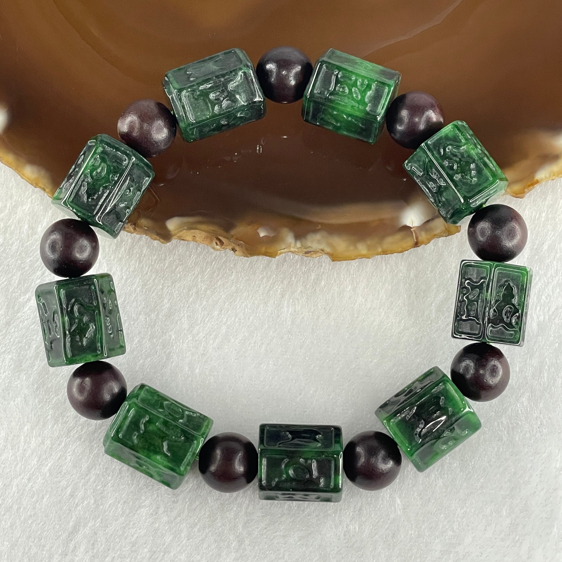 Type A Old Mine Spicy Green Jadeite Om Mani Padme Hum Barrel with Wood Beads Bracelet 55.97g 18cm 12.2 by 13.8mm - Huangs Jadeite and Jewelry Pte Ltd