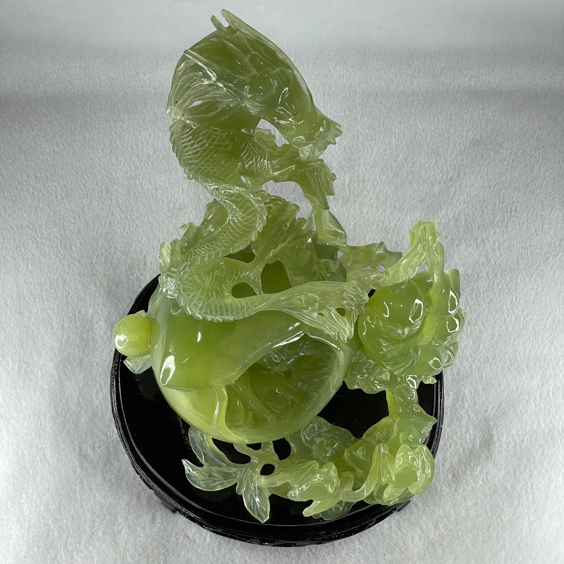 Natural Green Serpentine Dragon with Shou Xing Gong and Tong Zi with Wooden Stand Display 2610.6g 200.0 by 175.0 by 215.0mm - Huangs Jadeite and Jewelry Pte Ltd