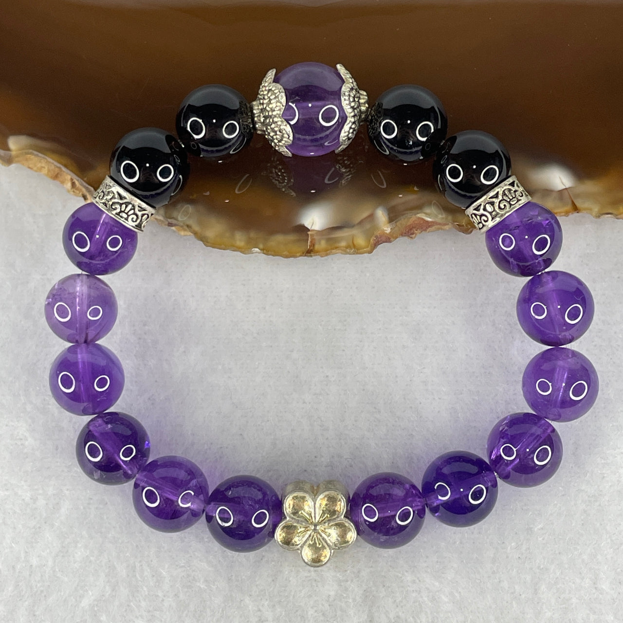 "Grounding Wealth" Natural Deep Purple Amethyst with Smoky Quartz Beads Bracelet | Multi-Sized Gemstone Stretch Bracelet (28.90g | 12.2mm / 10.4mm / 9.8mm | 17 Beads | 15cm)