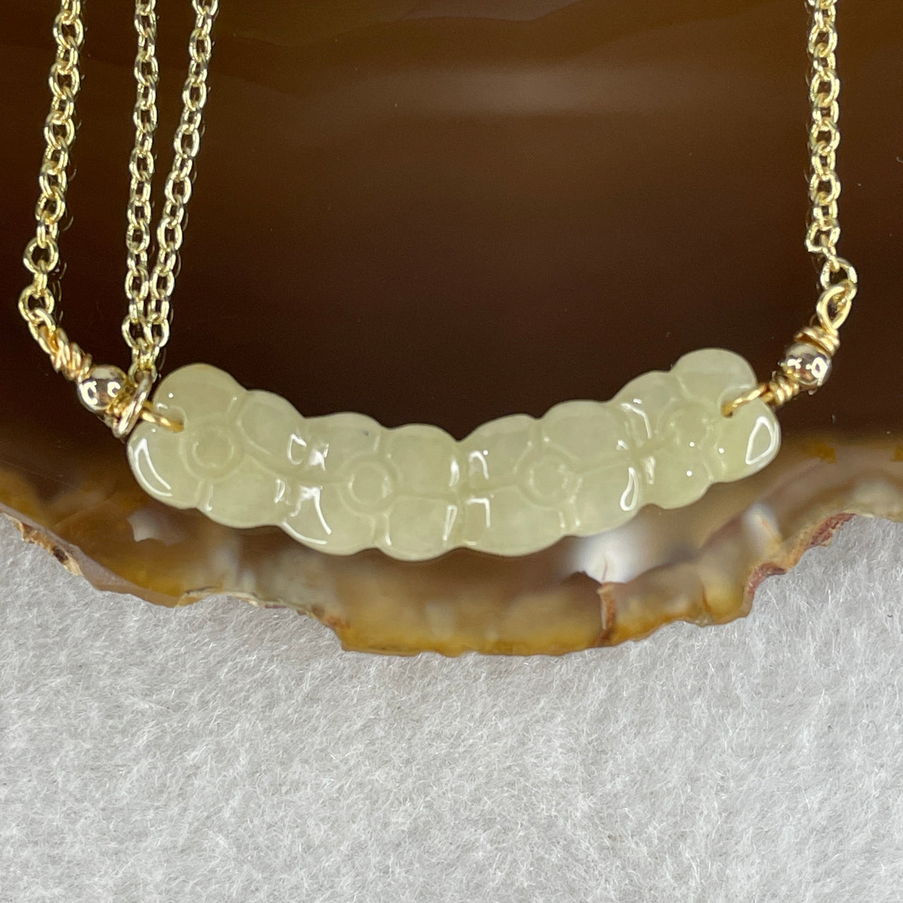 Natural Type A Light Yellowish Jadeite Flower with Gold Color Necklace 5.91g 48-54cm 36.4 by 8.5 by 3.5mm - Huangs Jadeite and Jewelry Pte Ltd