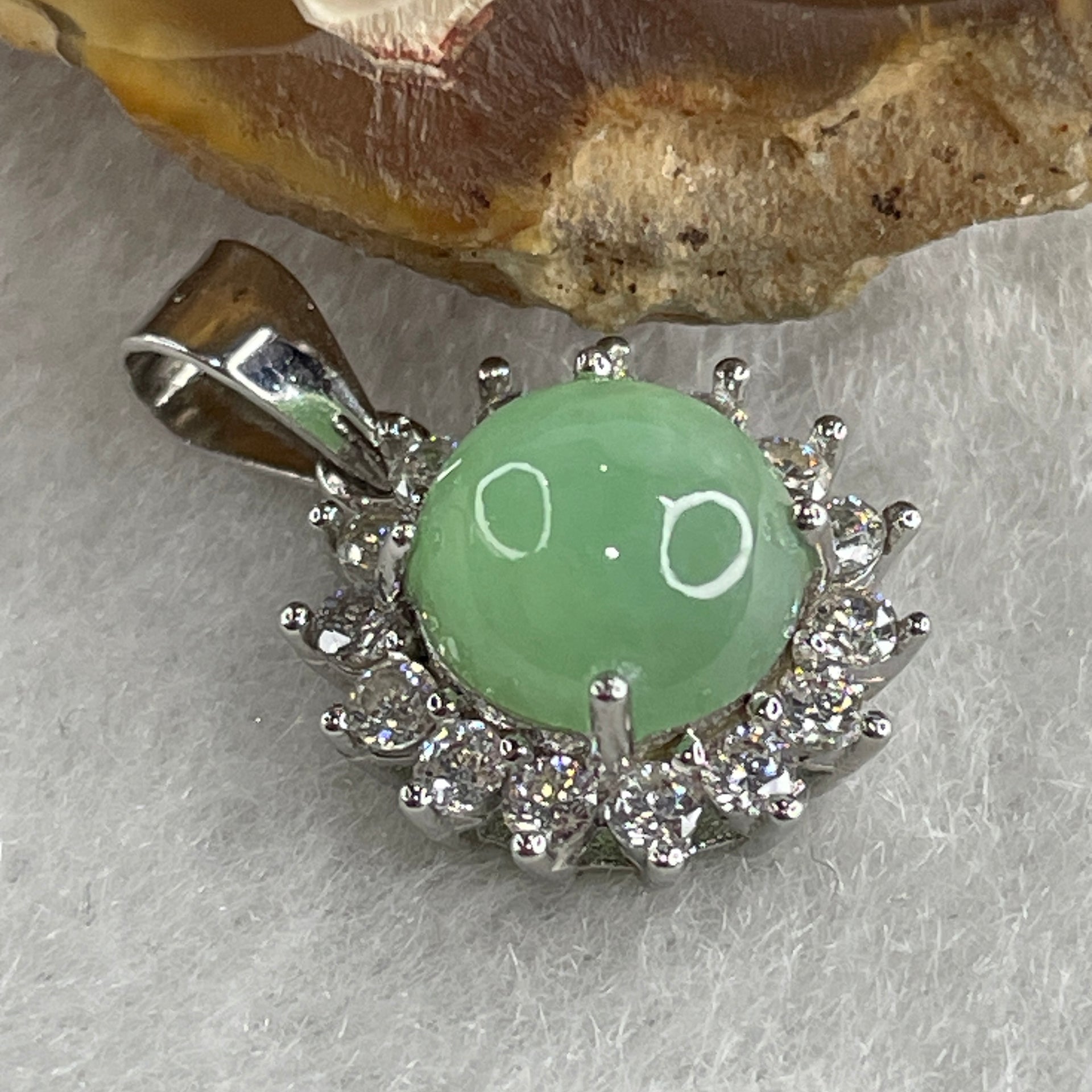 Type A Green Jadeite Pendant with Cubic Zirconia in S925 Sliver 1.89g 7.6 by 5.0mm - Huangs Jadeite and Jewelry Pte Ltd
