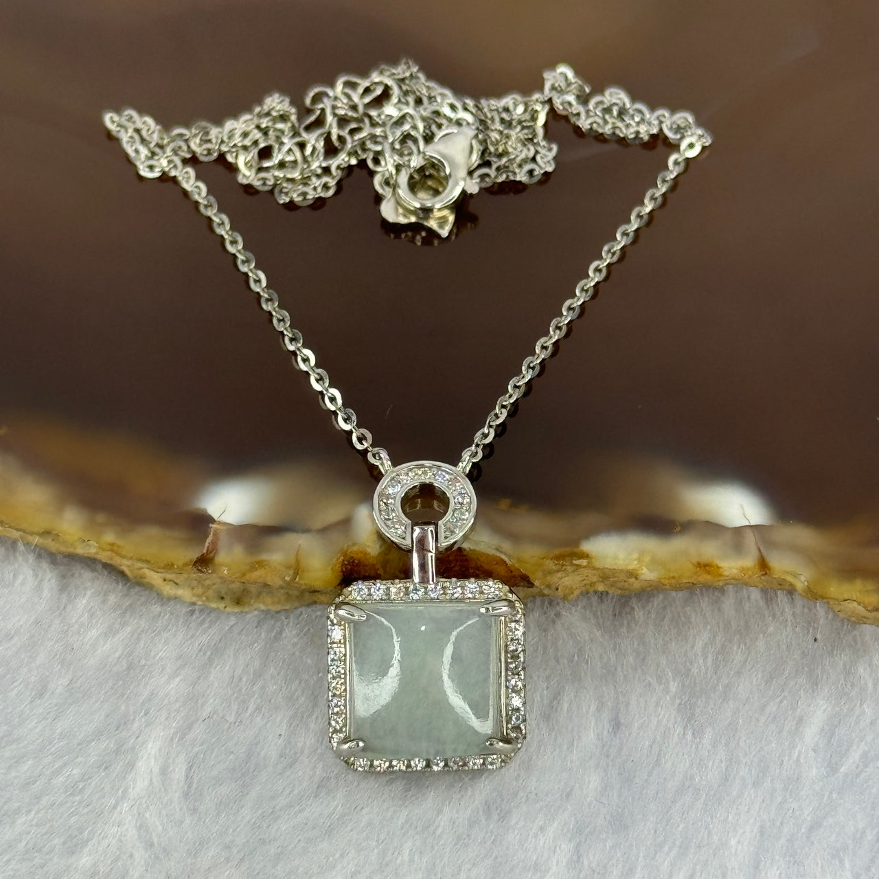 Type A Icy Light Green Jadeite Wu Shi Pai 10.5 by 9.1 by 3.0mm Pendants in S925 Sliver Necklace 3.84g - Huangs Jadeite and Jewelry Pte Ltd