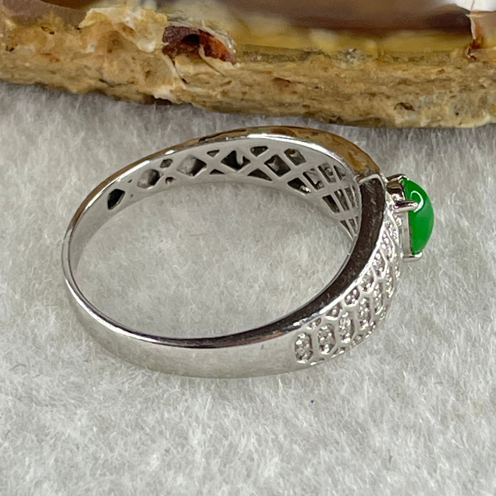 Type A Natural Light Apple Green Jadeite on 18K White Gold and Diamond Ring 2.73g 5.1 by 3.6 by 2.5mm US 7.4 HK 16.4 - Huangs Jadeite and Jewelry Pte Ltd