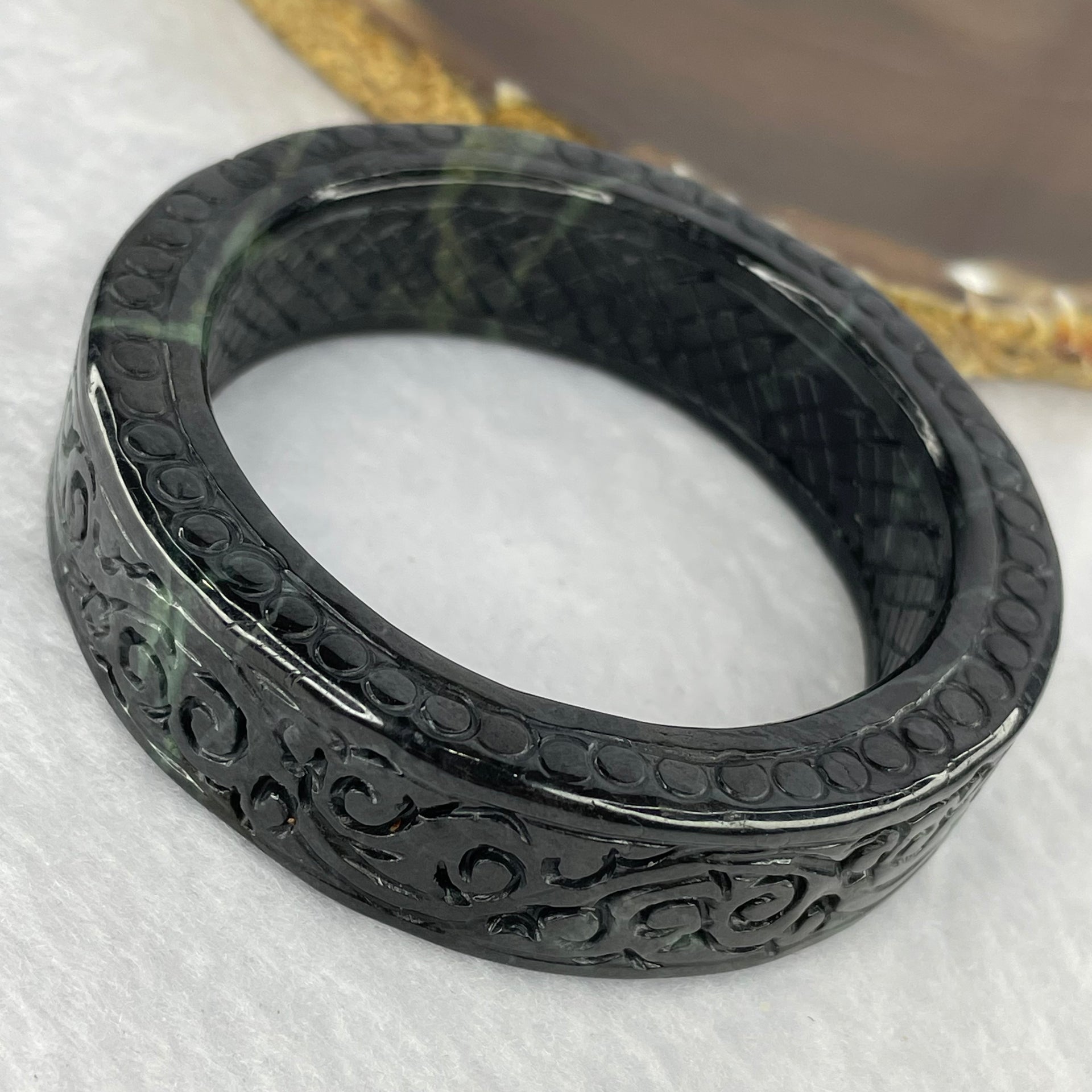 Type A Black to Dark Grey with Dark Green Piao Hua Jadeite Bangle 81.72g 17.1 by 8.2 mm Internal Diameter 53.6 mm (Slight External Rough) - Huangs Jadeite and Jewelry Pte Ltd
