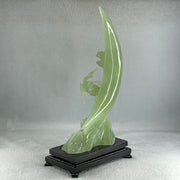 Natural Green Serpentine Twin Cranes on Mountain and Moon with Wooden Stand Display 804.7g H147.0 by B100.0 by H226.0mm - Huangs Jadeite and Jewelry Pte Ltd