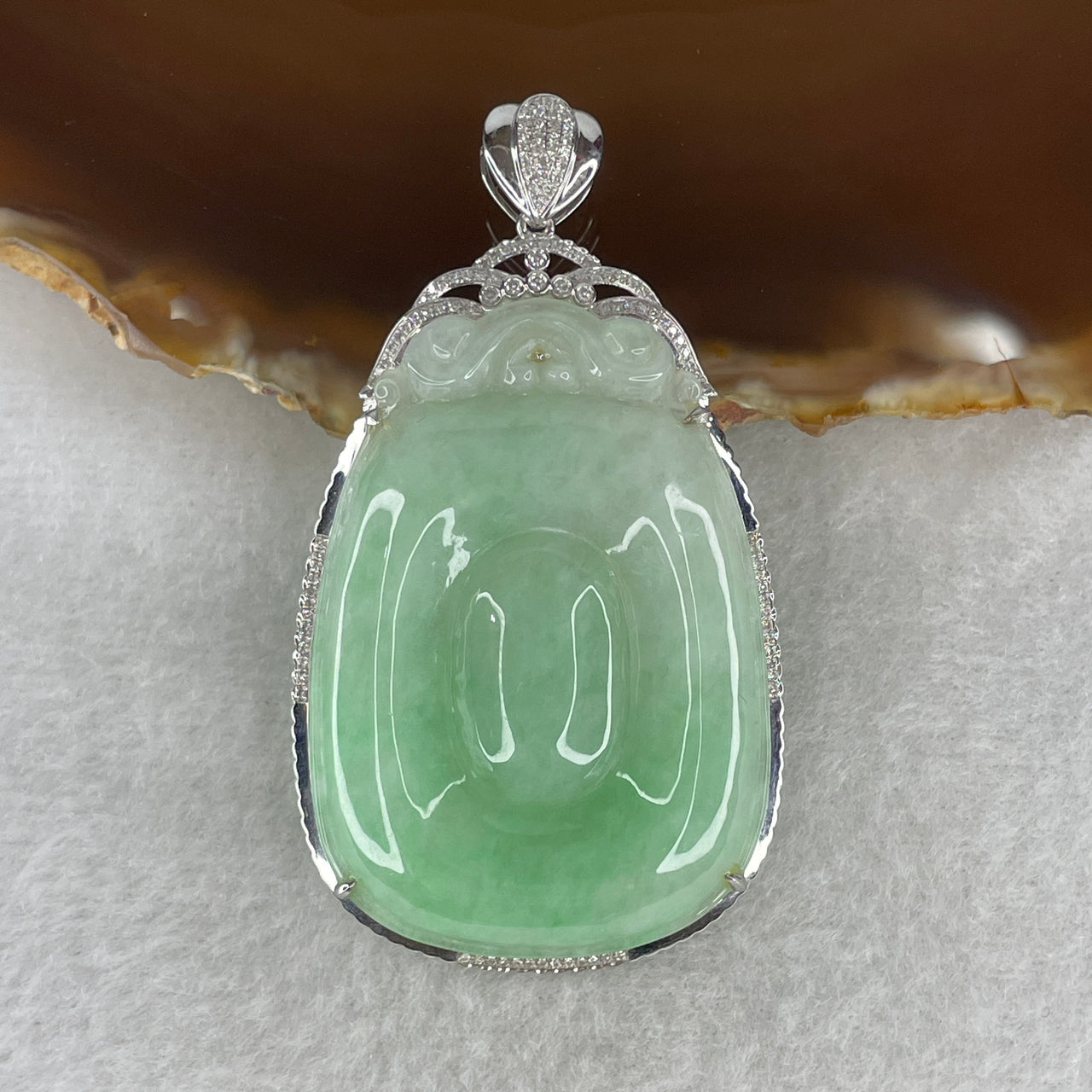 Natural Type A Jadeite Ruyi Pendant with Diamonds in 18K White Gold | 45.5mm Translucent Light Mint Green | High-Luxury Statement "As You Wish" Heirloom Amulet (19.71g 32.5x5.0mm)