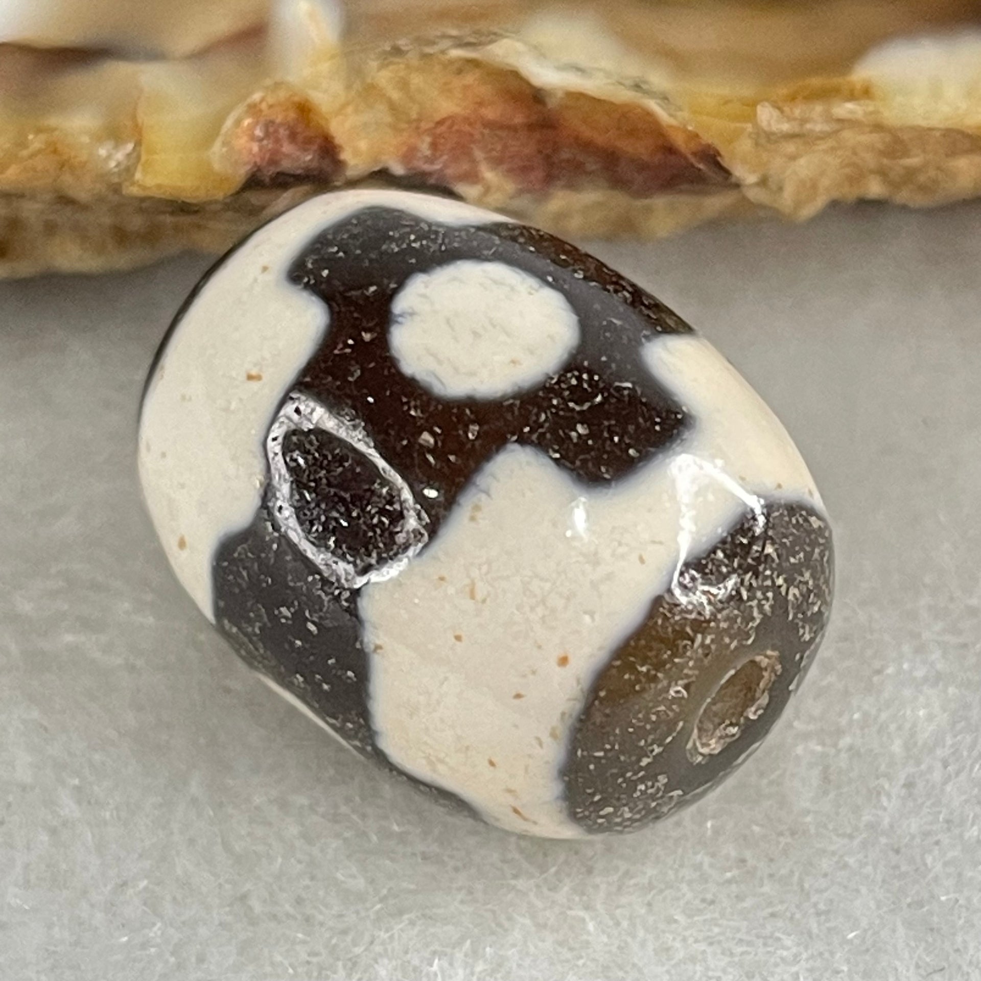 Natural Powerful Tibetan Old Oily Dark Brown With White Agate 3 Eyes Dzi Bead Heavenly Master (Tian Zhu) 三眼天诛 5.05g 17.8 by 13.5mm - Huangs Jadeite and Jewelry Pte Ltd