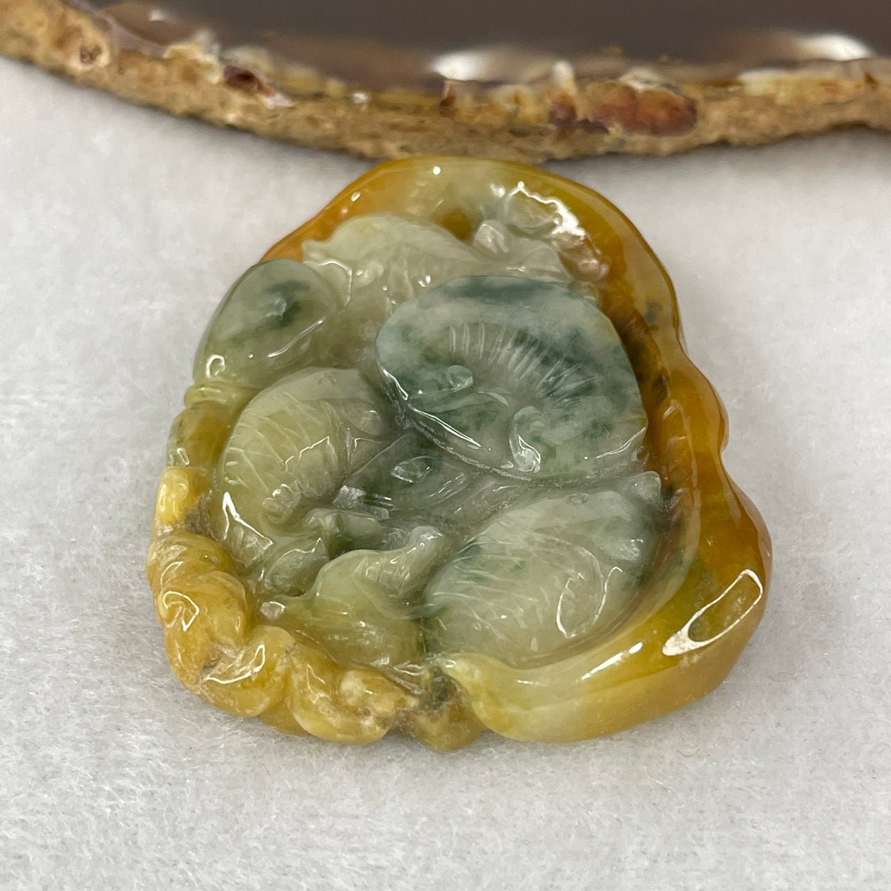 Natural Type A Yellowish & Dark Green Piao Hua Jadeite "3 Fish with Ruyi" Pendant | 100% Untreated Master Carved Fei Cui Talisman (42.57g | 55.7mm × 42.3mm × 9.7mm)
