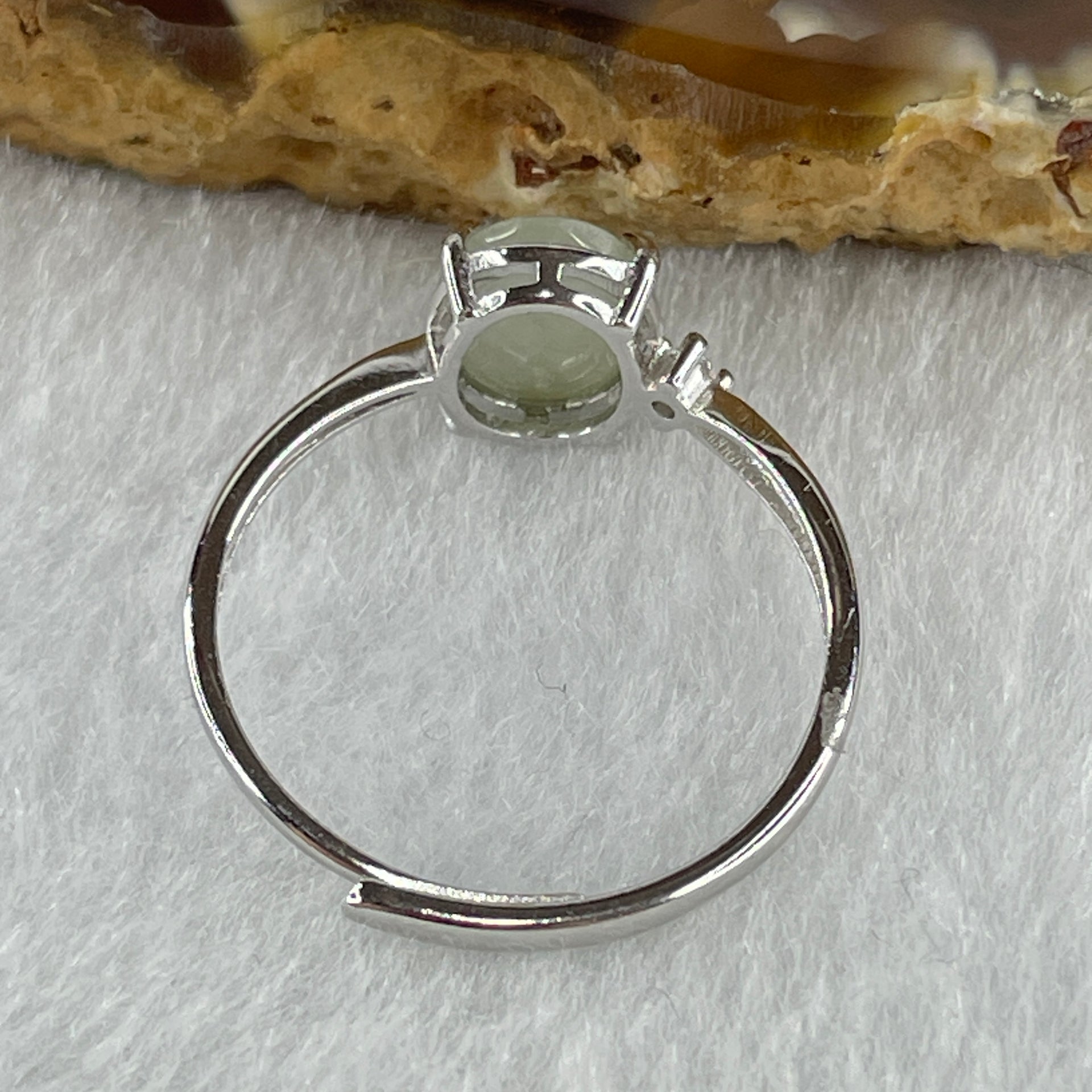 Natural Type A Semi Icy Faint Green Jadeite Oval Shape Cabouchon in S925 Silver Ring (Adjustable Size) 1.18g 8.8 by 6.4 by 3.0mm - Huangs Jadeite and Jewelry Pte Ltd