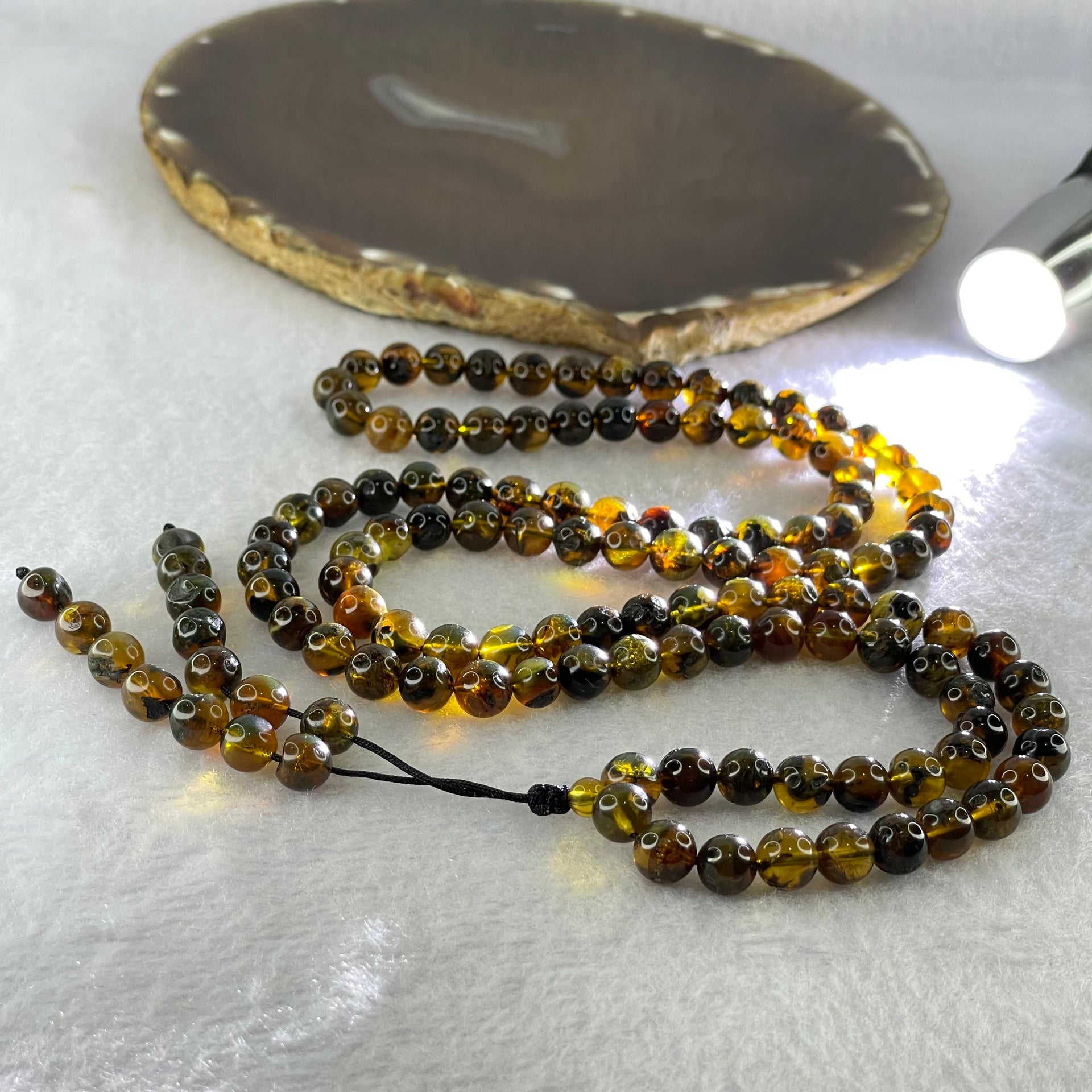 Natural Brownish Yellow Flower Medicine Amber Beads Necklace 26.96g 78cm 7.3mm - Huangs Jadeite and Jewelry Pte Ltd