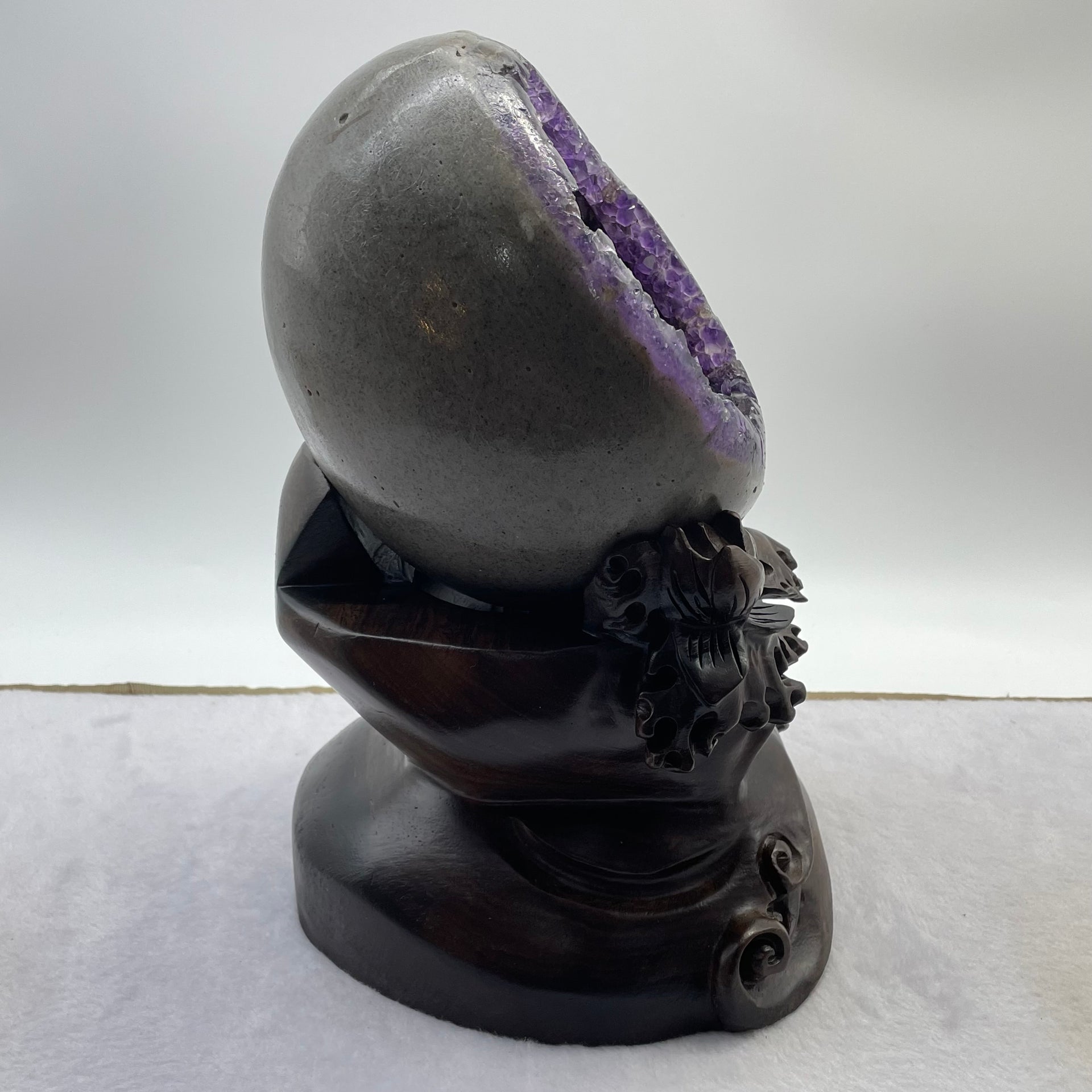 Natural Deep Purple Amethyst Egg with Wooden Stand Display Total 5,224.7g 170.0 by 165.0 by 265.0mm - Huangs Jadeite and Jewelry Pte Ltd