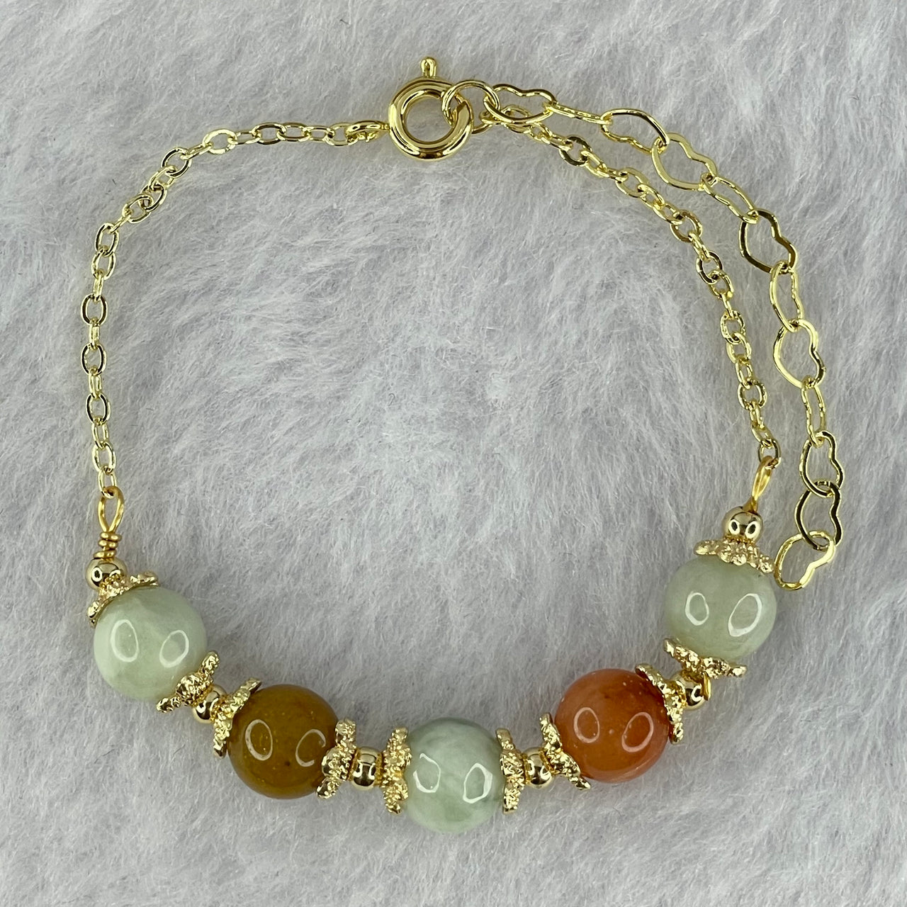 Type A Mixed Color Jadeite Beads Silver Gold Color Bracelet 5.89g 8.1mm 5 Beads - Huangs Jadeite and Jewelry Pte Ltd