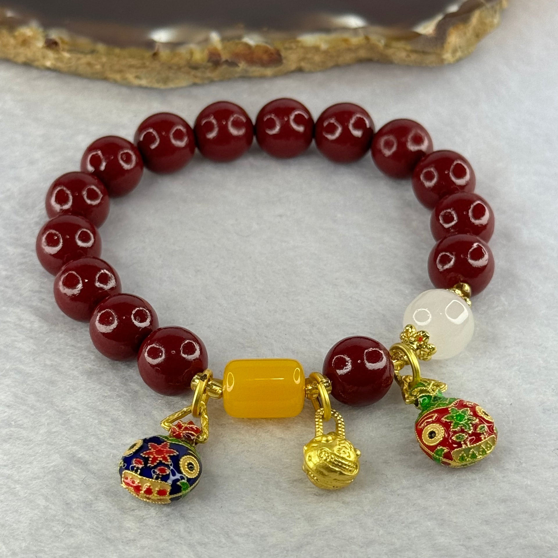 Natural Cinnabar Beads with Charms Bracelet 红朱砂手链 36.26g 16cm 10.2mm 15 Beads 11.7 by 8.3mm 1 LuluTong - Huangs Jadeite and Jewelry Pte Ltd