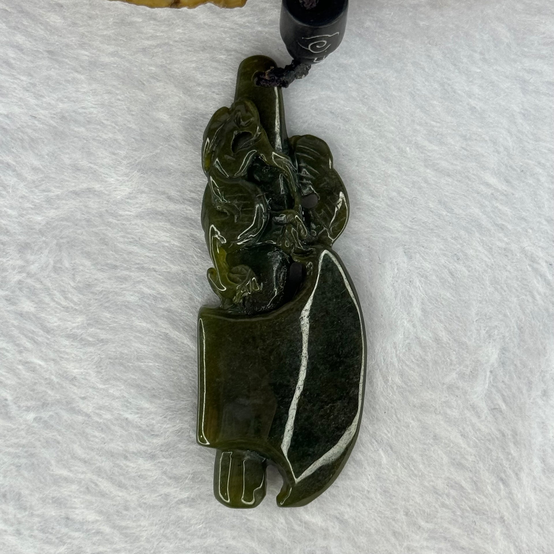 Type A Dark Yellowish Green Jadeite Dragon on Axe Pendent 14.34g 58.8 by 22.0 by 7.7mm - Huangs Jadeite and Jewelry Pte Ltd
