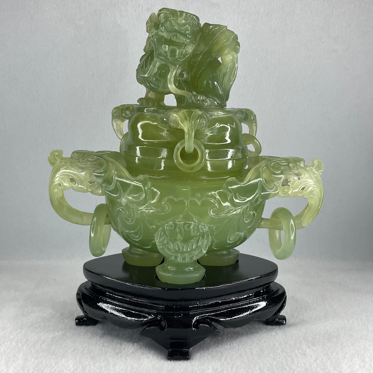 Natural Jelly Light Green Serpentine Pixiu Incense Burner with Wooden Stand Display 1,364.0 by 178.0 by 110.0 by 205.0mm
