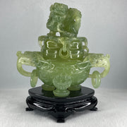 Natural Jelly Light Green Serpentine Pixiu Incense Burner with Wooden Stand Display 1,364.0 by 178.0 by 110.0 by 205.0mm - Huangs Jadeite and Jewelry Pte Ltd
