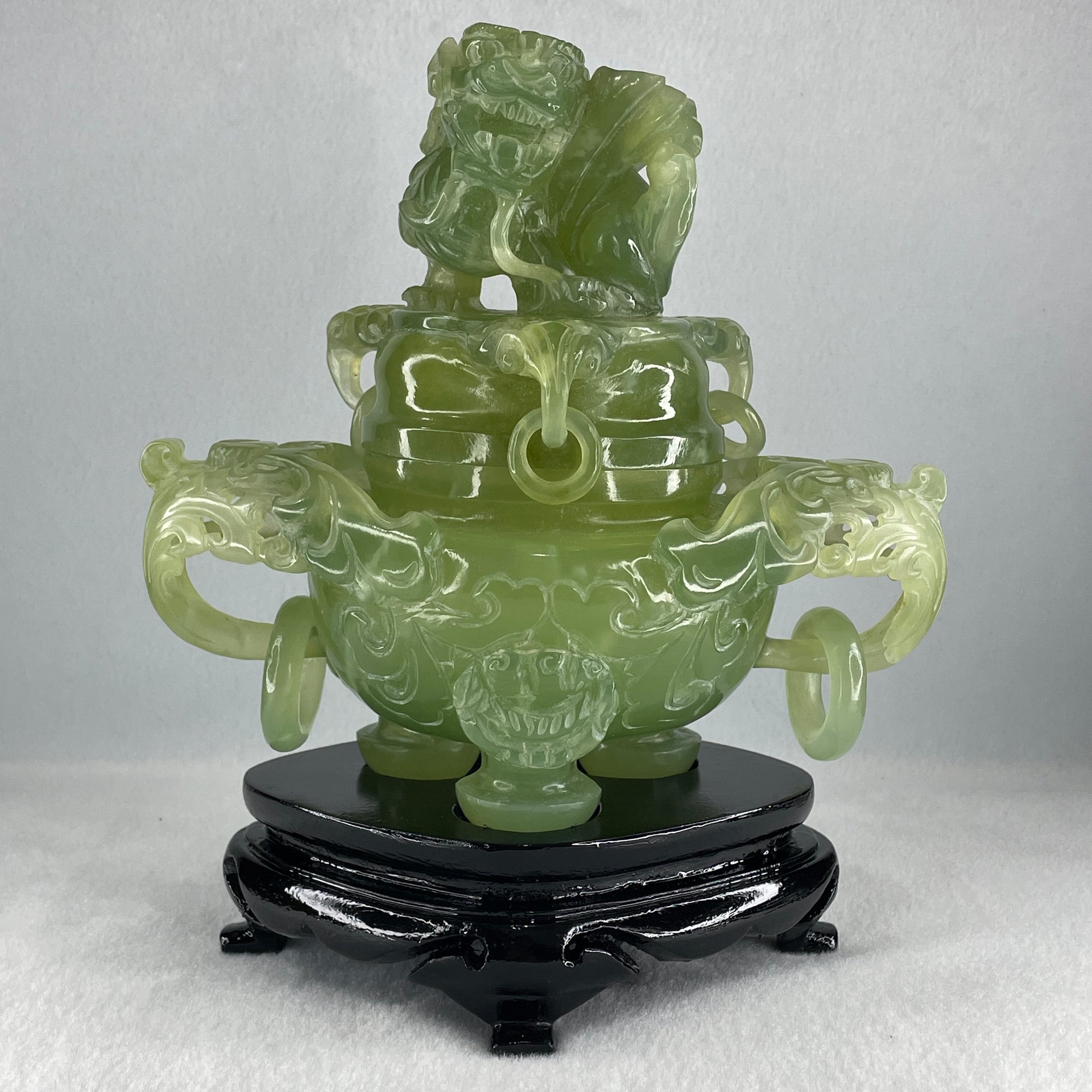 Natural Jelly Light Green Serpentine Pixiu Incense Burner with Wooden Stand Display 1,364.0 by 178.0 by 110.0 by 205.0mm - Huangs Jadeite and Jewelry Pte Ltd