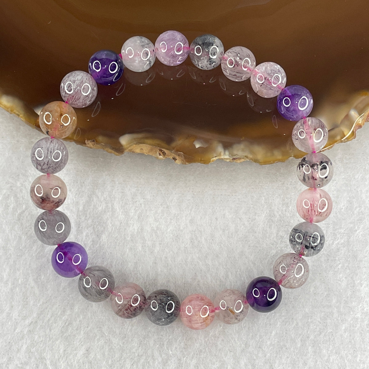 Certified Above Average Grade Natural Super 7 Crystal Beads Bracelet | 7.9mm Sacred 7-Mineral Synergy Power (14.99g | 15cm Wrist Sizing | 24 Beads)