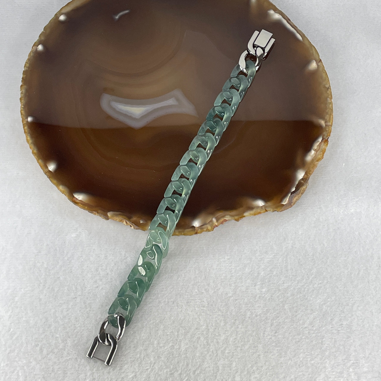 Certified Natural Type A Icy Light Blueish Green Jadeite Cuban Tennis Bracelet with Stainless Steel Clasp 21.33g Up to 17cm 11.7 by 3.5mm 17 Pcs