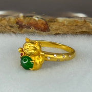 Type A Burmese Icy Gull Spicy Green Jade Jadeite Fortune Cat 18k yellow gold 4.61g Fortune cat 11.9 by 11.2 by 6.8mm with Diamonds Ring inner diameter 16.9mm US6.5 HK14.5 Inner Dia 17.0mm - Huangs Jadeite and Jewelry Pte Ltd