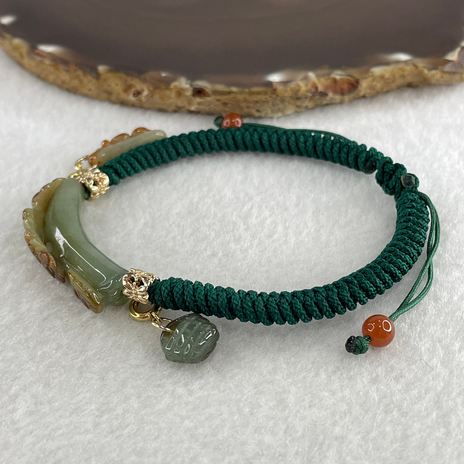 Natural Type A Brownish with Green Jadeite Flowers with Gold Fish and Bag Charms Bracelet 12.29g 17cm 7.0 by 10.9mm - Huangs Jadeite and Jewelry Pte Ltd